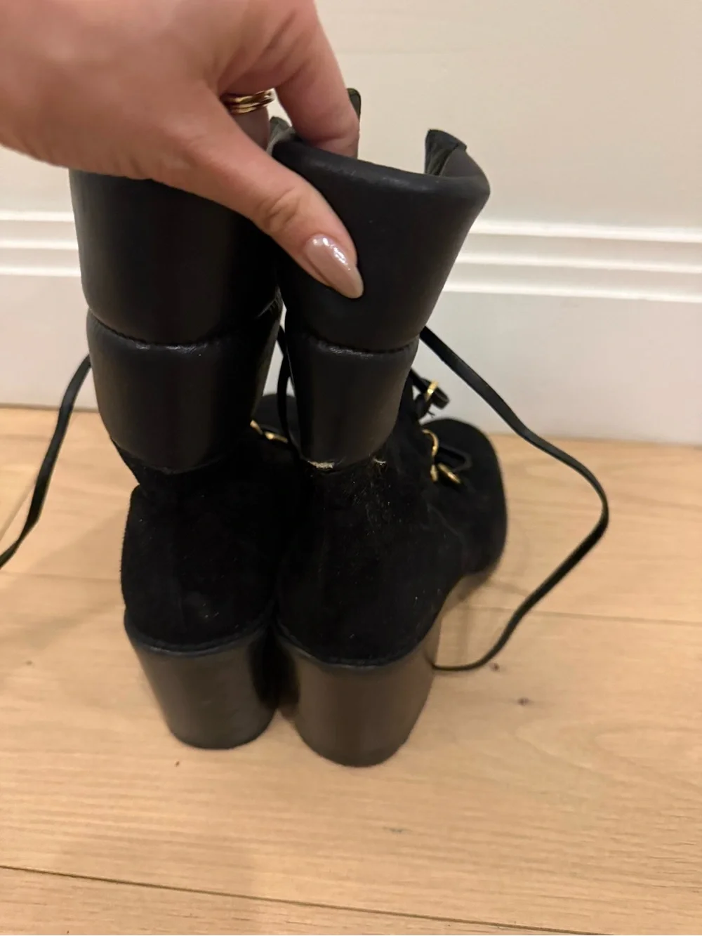 Stuart Weitzman Black Suede Lace-Up Ankle Boots with Gold Hardware